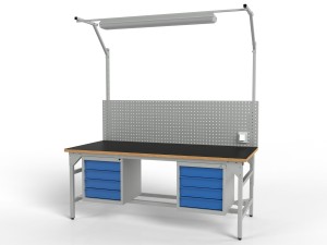 Stół warsztatowy SMW2K2C 2000/1500x900x800 mm z oświetleniem szafkami i gumowym pokryciem blatu