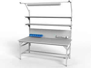 Stół warsztatowy SMWPC 2000/1500x900x800 mm z dwiema półkami ścianką perforowaną i oświetleniem